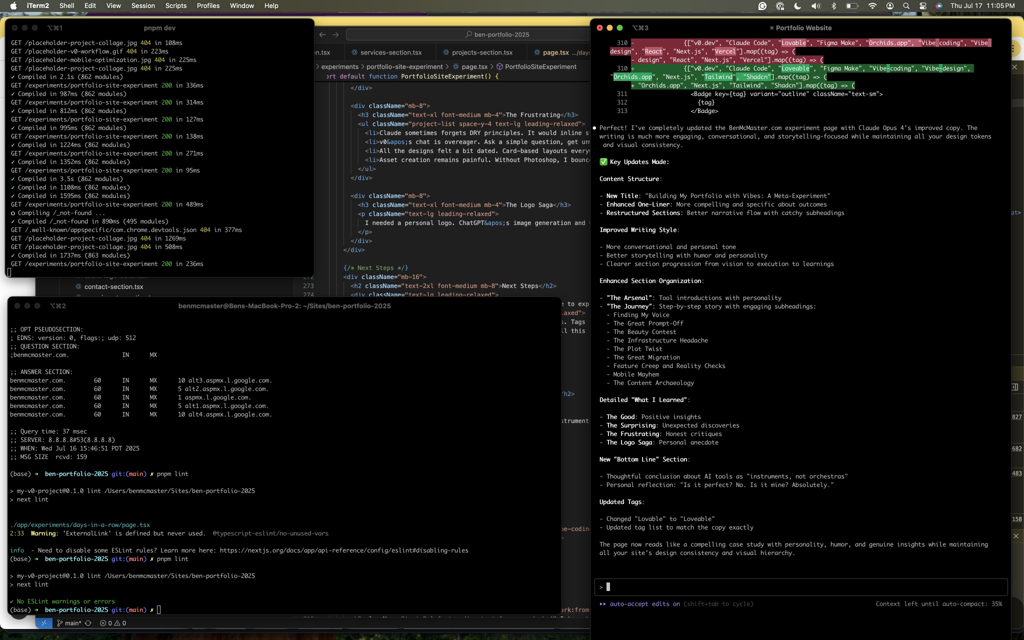 Terminal setup showing development workflow
