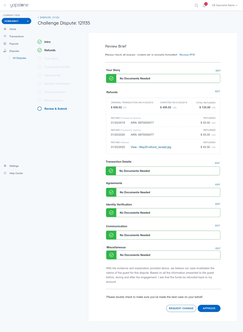 Yapstone Dispute Center review interface