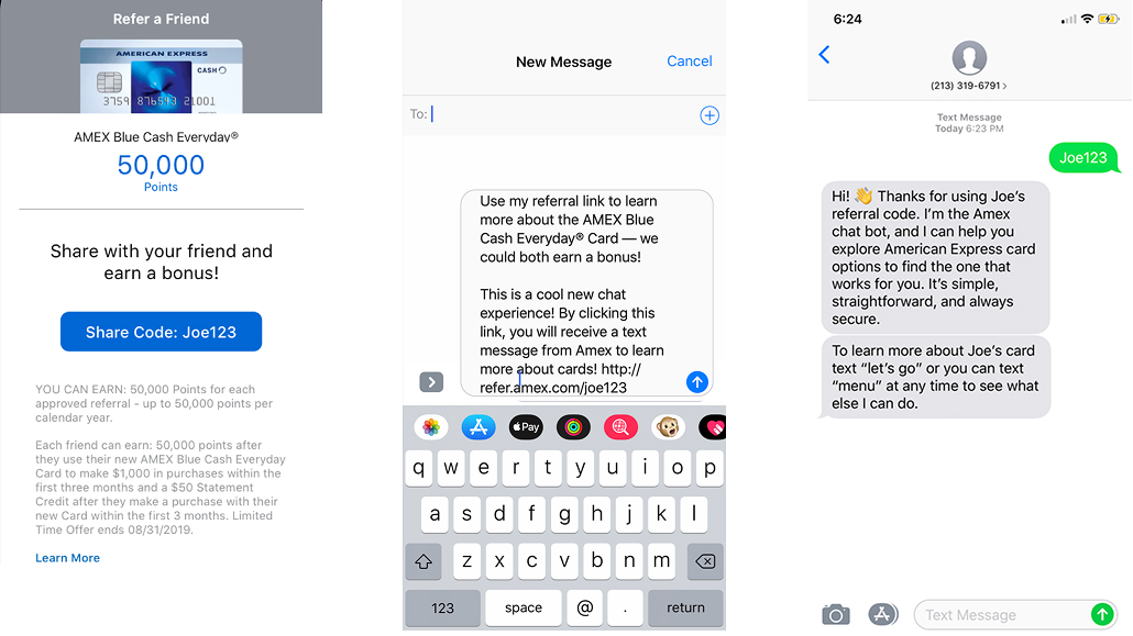 American Express digital referral chatbot interface and user flow