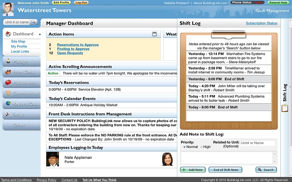 BuildingLink's original interface showing dated design from 2000