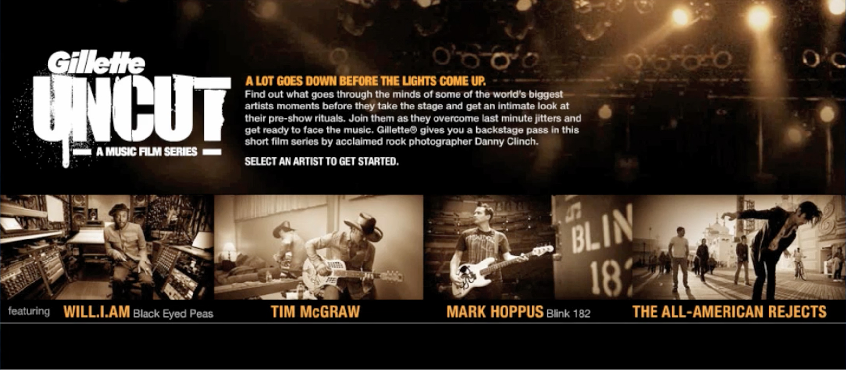 Gillette Uncut website interface showing music film series