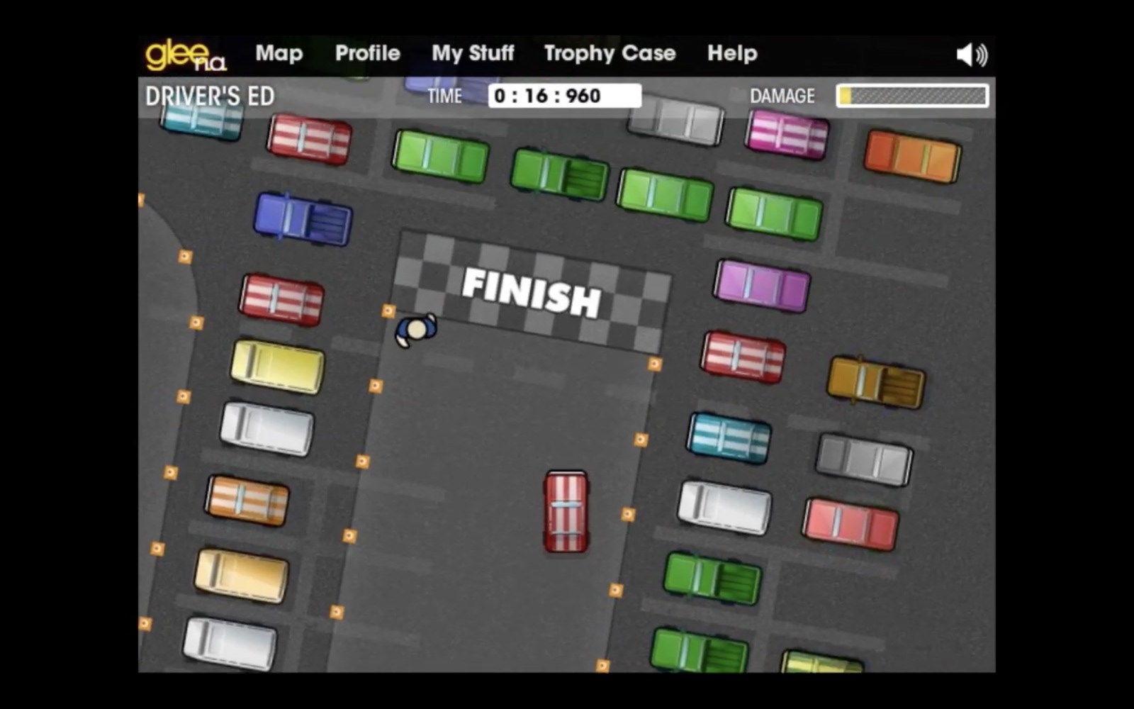 Glee mini-game with physics-based interactions
