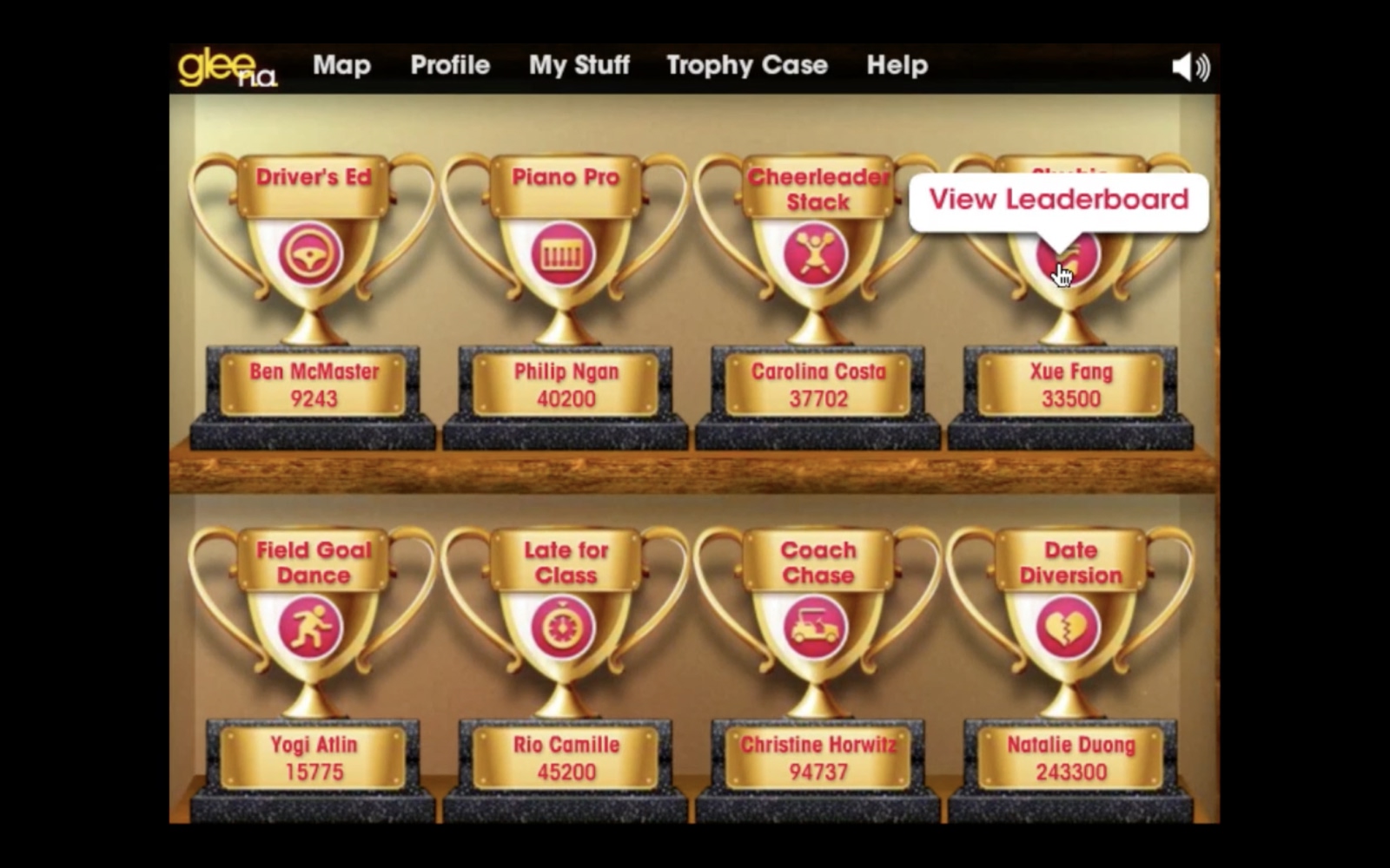 Glee mini-game social sharing features