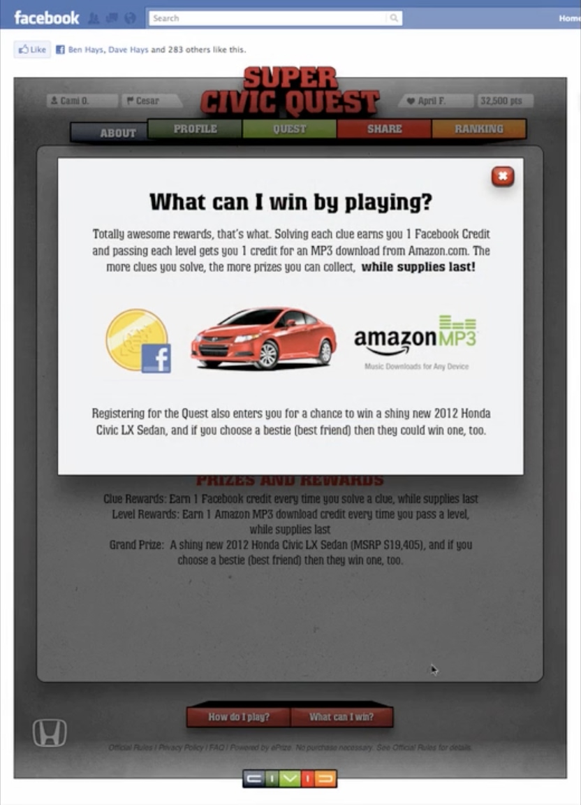 Honda Super Civic Quest rewards and prizes
