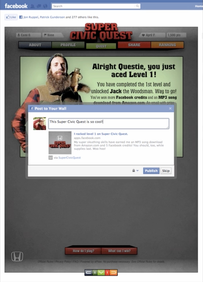 Honda Super Civic Quest social sharing functionality