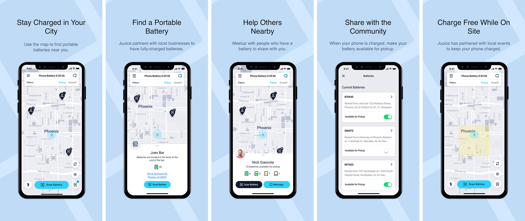 Juuice mobile app screenshots showing battery discovery map and rental interface