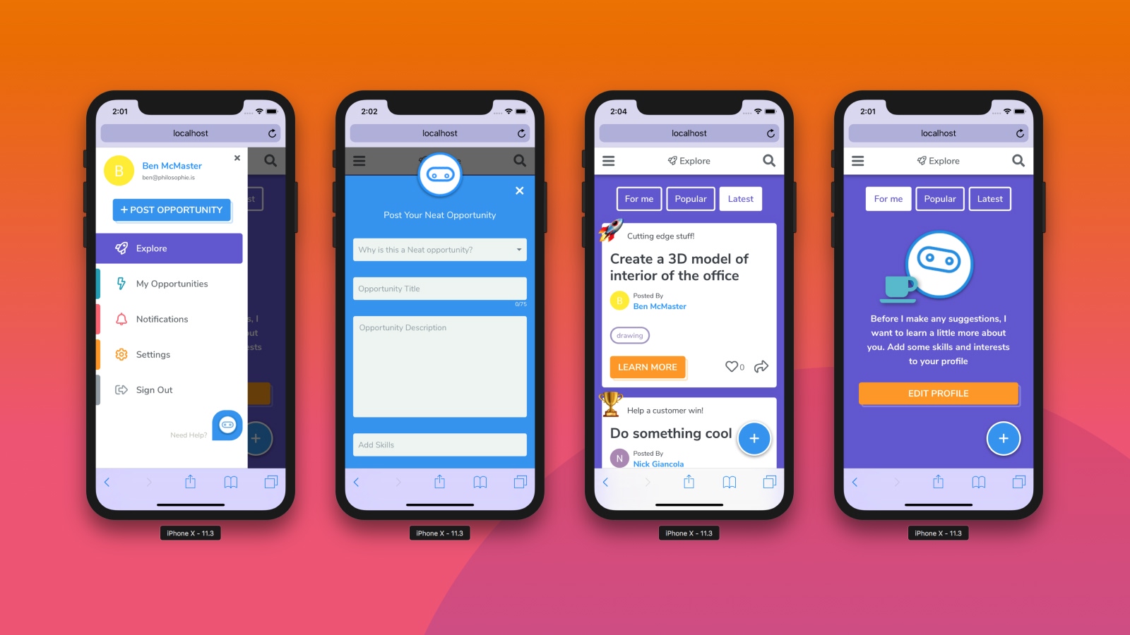 Neat Work platform interface showing opportunity discovery and creation features