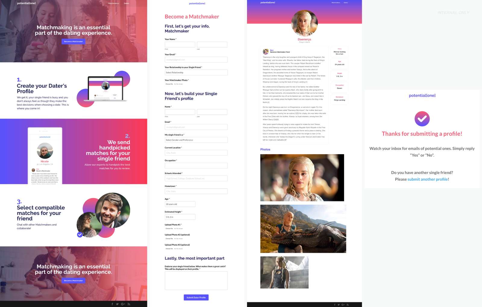 Potential One dating app profile creation and matching interface
