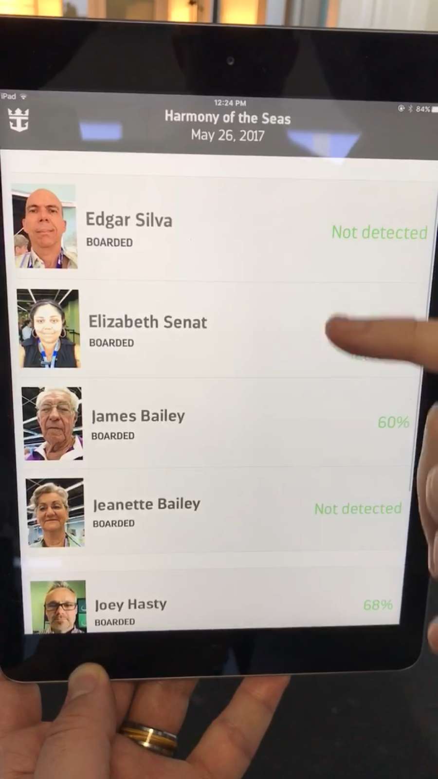 Royal Caribbean facial recognition check-in screen interface