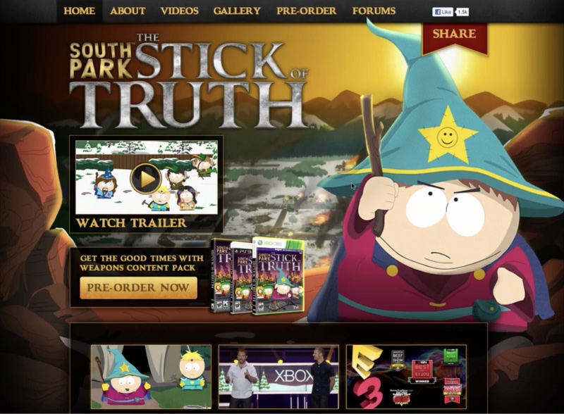 South Park Stick of Truth website homepage with game branding